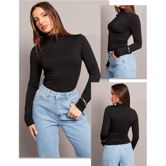 Women’s Mock Turtleneck Long Sleeve Top | Slim Fit Stretchy Basic Shirt - Picture 1 of 5